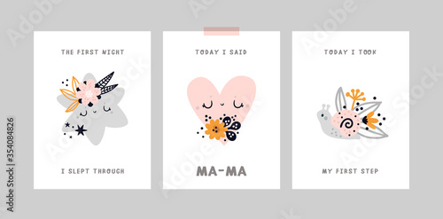 Baby milestone cards with cute cartoon star, heart, snail characters for newborn girl or boy. Baby shower print capturing all the special moments. Baby month anniversary card. Nursery prints