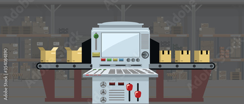 The factory conveyor packing boxes. Conveyor Automatic Production Line with Cardboard Boxes. Vector illustration.