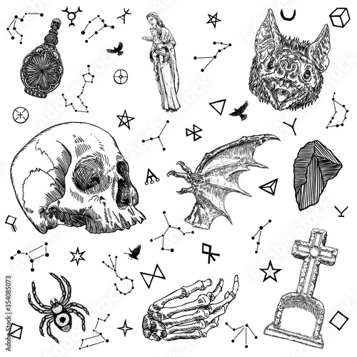 Occult mystic alchemy witchcraft elements set. Vampire bat and fangs, dragon wing, Saint Maria, baby Jesus, human skull, antique gravestone or tombstones grave cross, spider, crystal. Vector.