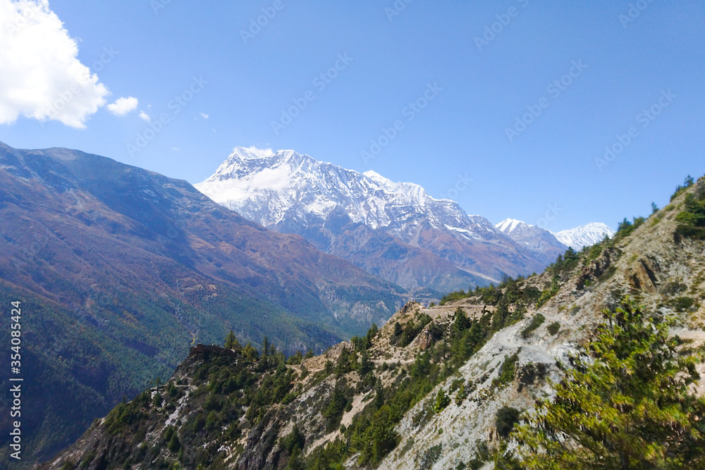Beautifull landscape view of Annapurna range mountains and open space of the national Park, Nepal. Travel in Nepal concept. Stock photo.