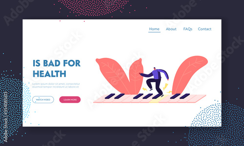 Man Create Noise Pollution Landing Page Template. Male Character Jumping on Huge Piano Keyboard Making Loud Sounds. Big City Dweller Social Problem of Uproar and Din. Cartoon Vector Illustration
