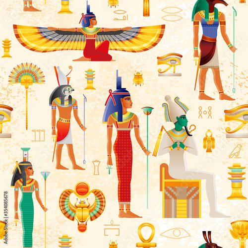 Egyptian vector seamless papyrus pattern with Osiris myth characters - god Osiris, Set, Horus, goddess Isis, Nephthys, pharaoh element - Ankh, Scarab, Tyet, eye Wadjet. Ancient historic art form Egypt