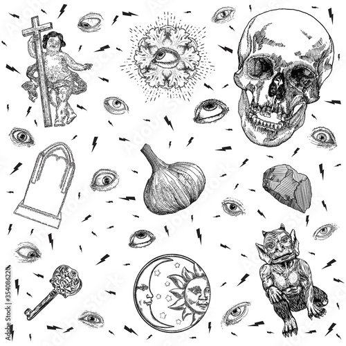 Set of alchemy, witchcraft magic, and occult mysticism with various occultism symbols. Antique gravestone or tombstones grave, baby Jesus, garlic, human skull, key, crystal, eyes, moon, sun. Vector.