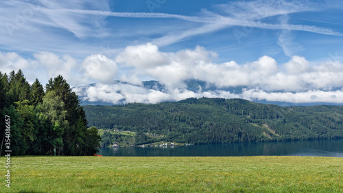 green summer meadow on the edge of a wood with view to lake Millstatt, in the background beautiful alpine landscape with some houses, mountain and forest, blue sky and white clouds, Carinthia, Austria