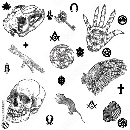 Set with mystic and occult hand drawn symbols. Wicca and pagan tradition. Magic craft and esoteric concept. Vintage alchemical mysticism and occultism. Witchcraft for witches and wizards. Vector.