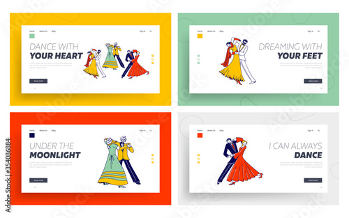 Young and Aged Couples Waltz Dancing Landing Page Template Set. Characters Active Lifestyle, Men Women Spend Time Together, Dance Lessons, Leisure or Weekend Hobby. Linear People Vector Illustration