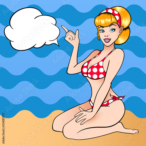 beautiful comic retro girl in a swimsuit sitting on the beach, sea, summer, Cartoon young lady