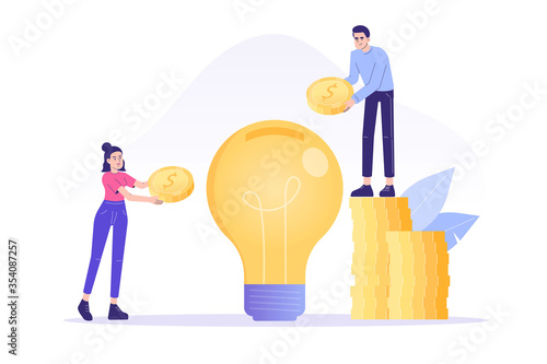 Crowdfunding concept. Successful business people investing money in big idea or business startup. Entrepreneur business strategy. Online service to donate, support or raise money. Vector illustration 