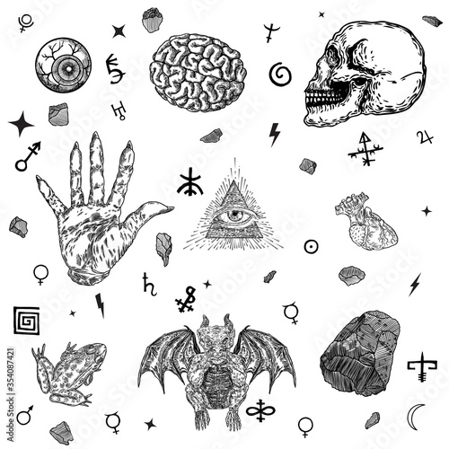 Occult alchemy symbols and alphabet elements set. Human eye and skull, anatomical heart, witch hand, toad, frog, all seeing eye,  and magic stone or crystal. Goat brain, demon or evil gargoyle. Vector