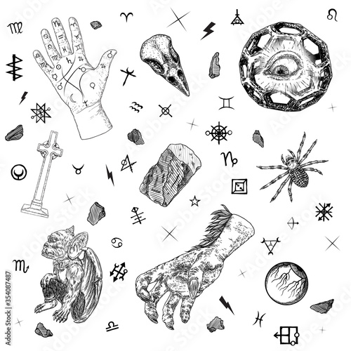 Occult alchemy symbols and alphabet elements set. Human eye and bird skull, palmistry hand, witch hand, toad, frog, all seeing eye,  and magic stone or crystal. Vector