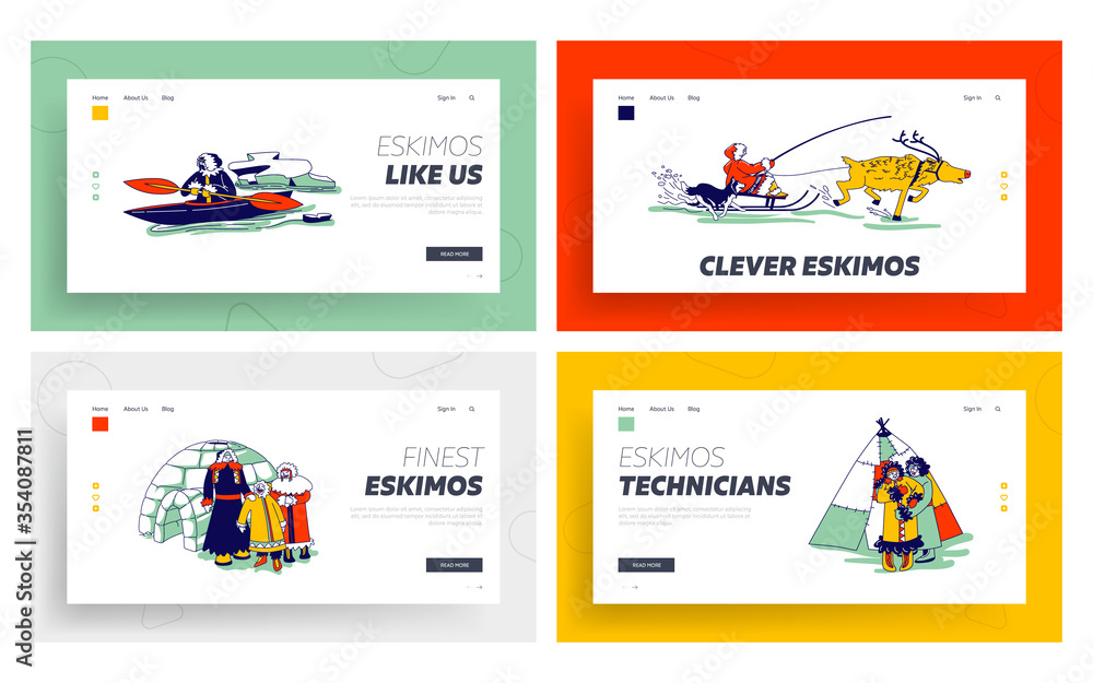 Eskimo Characters in Traditional Clothes and Arctic Animals Landing Page Template. Esquimau Family Mother, Father and Kid. Eskimos People on Kayak, Igloo, Life in Far North. Linear Vector Illustration - obrazy, fototapety, plakaty 