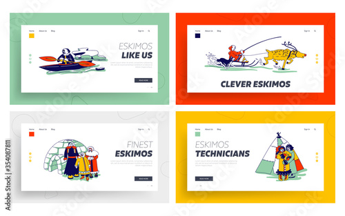 Eskimo Characters in Traditional Clothes and Arctic Animals Landing Page Template. Esquimau Family Mother, Father and Kid. Eskimos People on Kayak, Igloo, Life in Far North. Linear Vector Illustration