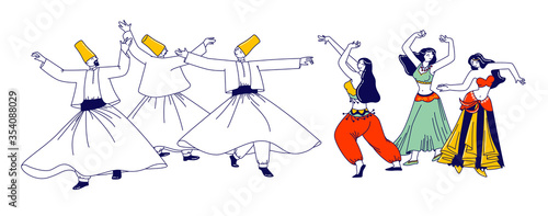 Whirling Dervish in Traditional Outfits and Girls in Arab Dress and Jewelry Dancing Arabic Dances with Raising Hands. Characters Moving Body, Muslim Artist Hobby. Linear People Vector Illustration