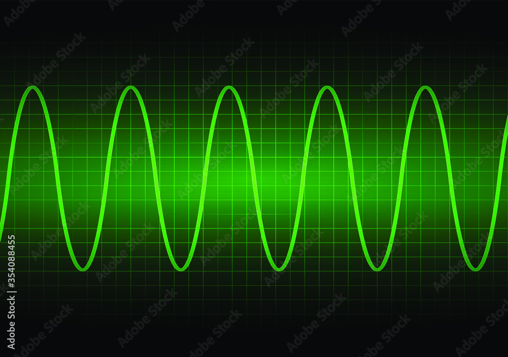 Sine wave on the oscilloscope on black background with grid. Green