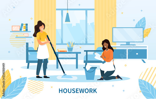 Cleaning team with two maids in aprons doing the housework dusting and mopping the floor, colored vector illustration