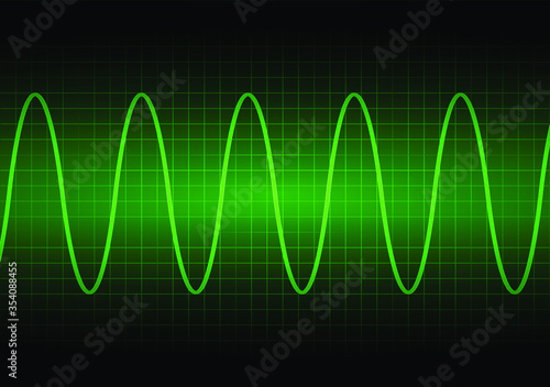 Sine wave on the oscilloscope on black background with grid. Green color. The voltage waveform. A sound wave of light on a dark background. Stock vector illustration.