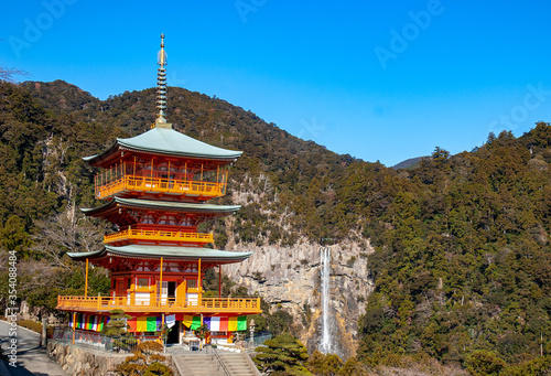 Seigantoji temple pagoda and Nachi Falls , which is part of the Sacred Sites and Pilgrimage Routes in the Kii Mountain Range registered in UNESCO in Nachikatsuura, Wakayama, Japan