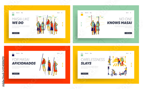 Masai African Tribe, Characters Carelessness with Smartphones Landing Page Template Set. Warriors from Kenya Demonstrate Traditional Jumps. People Use Gadgets on Street. Linear Vector Illustration