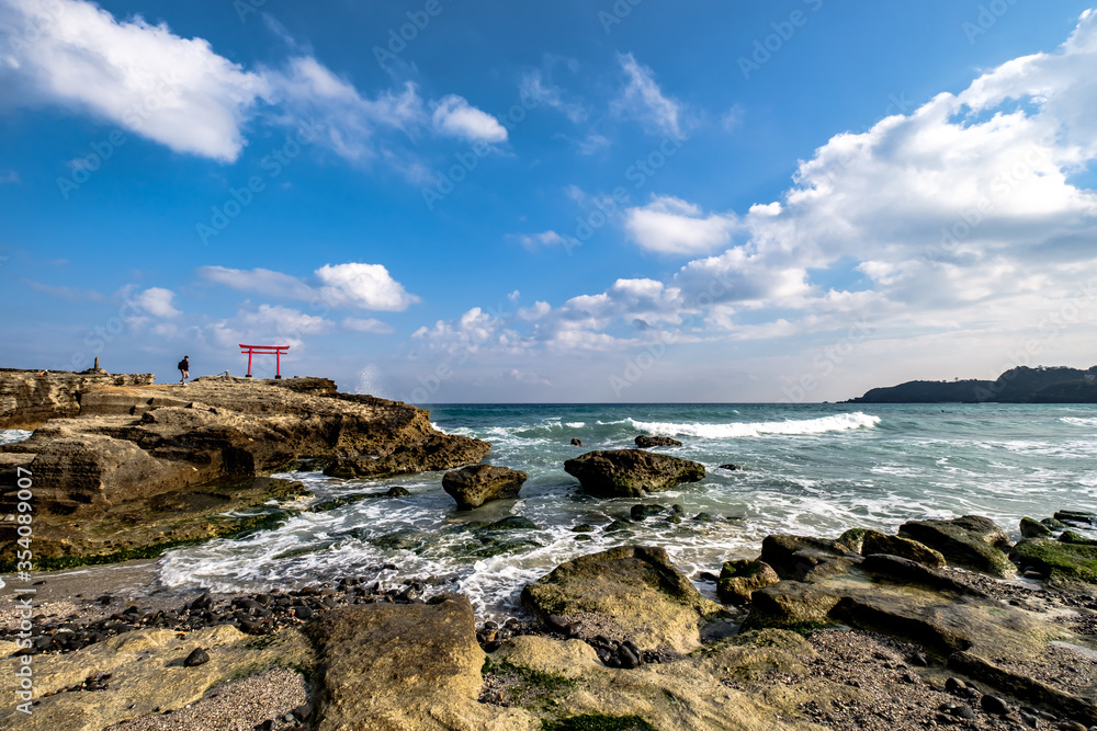 Shirahama Jinja Shrine Torii on the cliff by the shore in Izu Peninsula, Shizuoka, Japan
