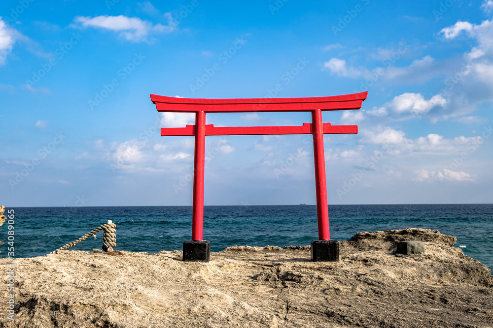 Shirahama Jinja Shrine Torii on the cliff by the shore in Izu Peninsula, Shizuoka, Japan