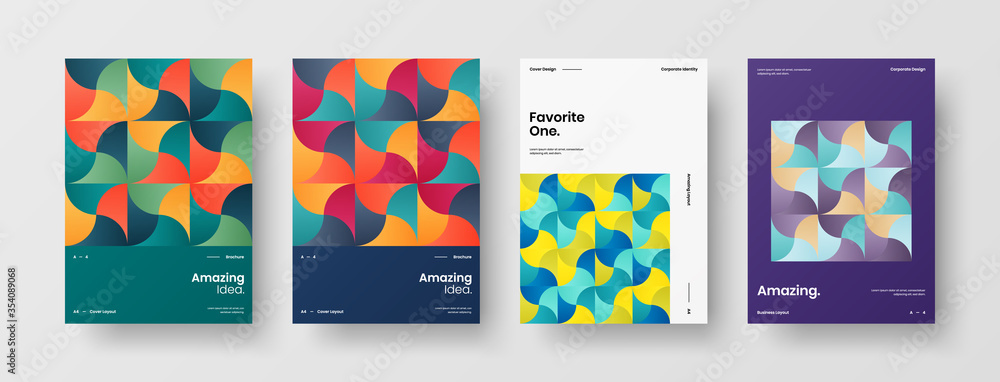 Fototapeta premium Company identity brochure template collection. Business presentation vector A4 vertical orientation front page mock up set. Corporate report cover abstract geometric illustration design layout bundle.