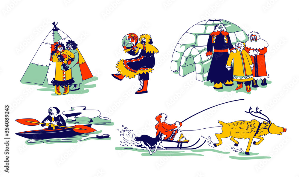 Eskimo Characters in Traditional Clothes and Arctic Animals Deer and Dog. Esquimau Family Mother, Father and Kid. Eskimos People on Kayak, Igloo. Life in Far North. Linear Vector People Illustration
