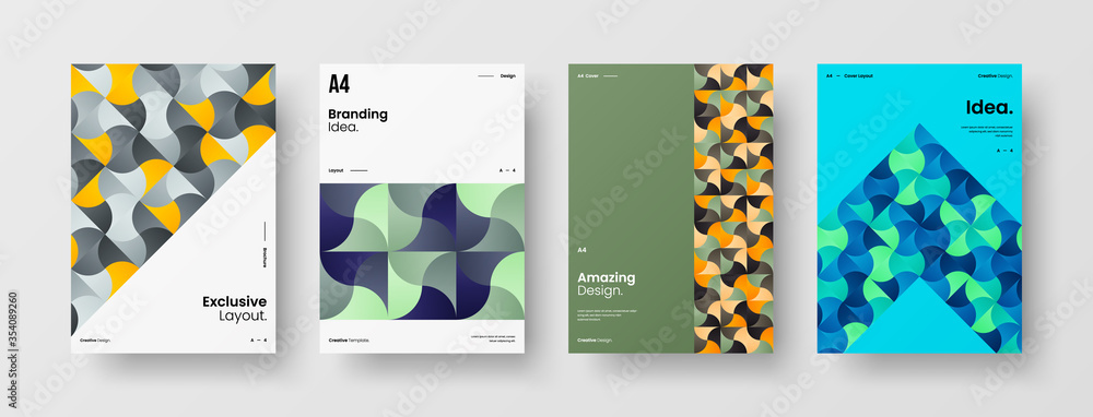 Company identity brochure template collection. Business presentation vector A4 vertical orientation front page mock up set. Corporate report cover abstract geometric illustration design layout bundle. Company identity brochure template collection. Business presentation vector A4 vertical orientation front page mock up set. Corporate report cover abstract geometric illustration design layout bundle.