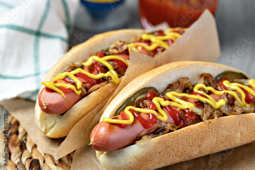 Barbecue Grilled Hot Dog with Yellow Mustard and ketchup