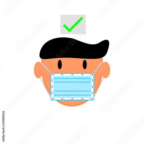 Flat cartoon boy was wearing blue medical face mask correctly for protection against the spread of disease covid-19 (2019-nCoV) vector.