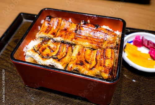 Unajyu (Grilled Eel on top of rice with sauce served in lunch box) photo