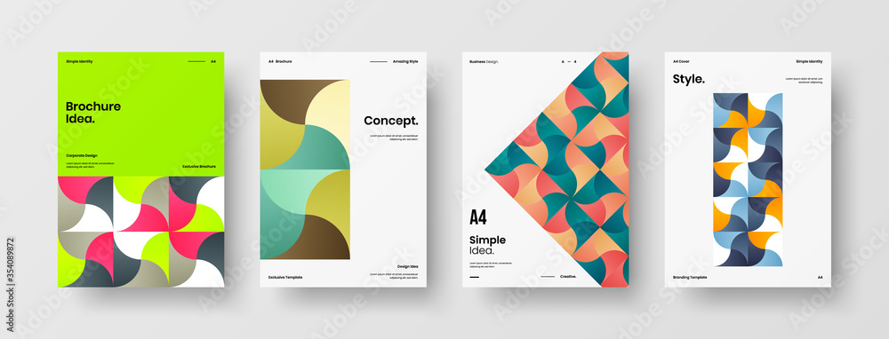 Fototapeta premium Company identity brochure template collection. Business presentation vector A4 vertical orientation front page mock up set. Corporate report cover abstract geometric illustration design layout bundle.