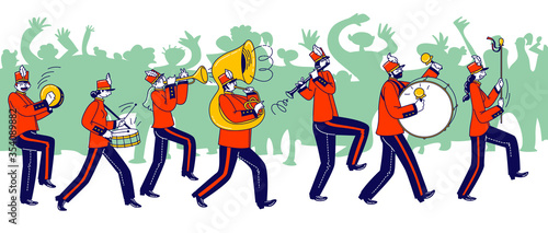 Military Orchestra Characters Wearing Festive Red Uniform and Hats with Plumage Playing Trombone, Tambourine and Drum Instruments during March Parade or Public Event. Linear Vector People Illustration