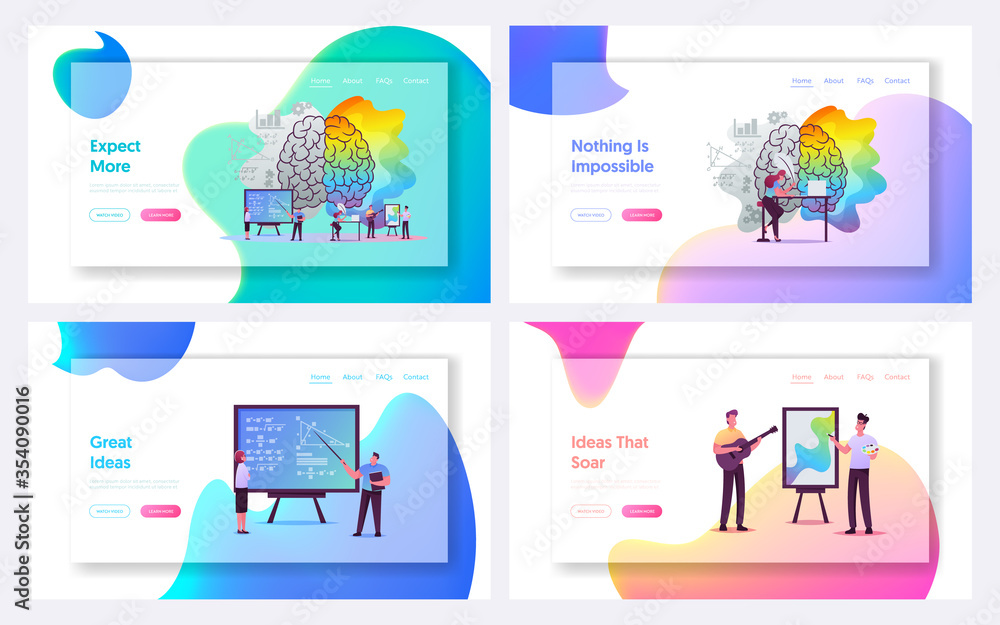 Creative and Logic Thinking Landing Page Template Set. Tiny Characters at Huge Human Brain Separated on Left and Right Parts, Analytics Logical and Artists Mind. Cartoon People Vector Illustration