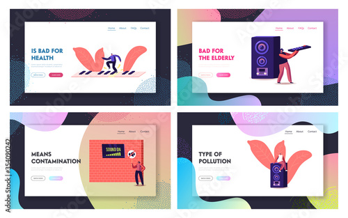 Noise Pollution Landing Page Template Set. Tiny Characters Cover Ears to Avoid Annoying Sound made by Neighbours Playing Music and Tv. People Suffer of Loud Noise Tinnitus. Cartoon Vector Illustration