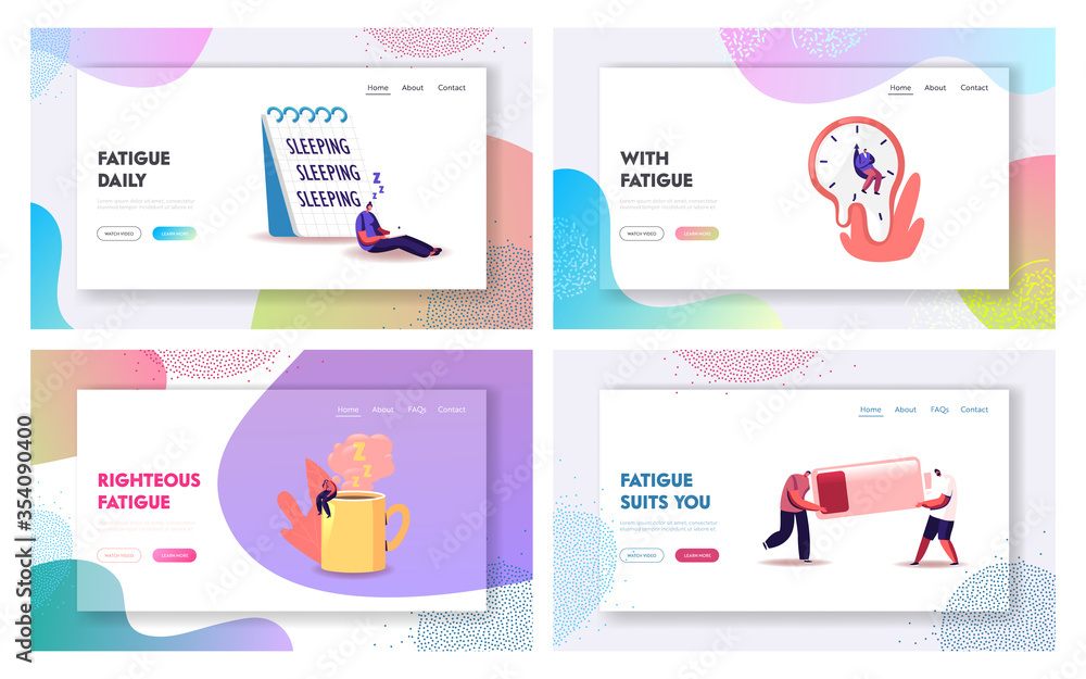 Fatigue Landing Page Template Set. Tiny Exhausted Characters at Huge Coffee Cup, Liquid Watches of Salvador Dali, Low Battery Power and Sheet with Sleep Writing. Cartoon People Vector Illustration