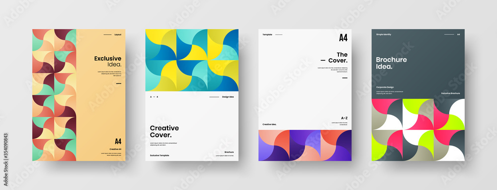 Fototapeta premium Company identity brochure template collection. Business presentation vector A4 vertical orientation front page mock up set. Corporate report cover abstract geometric illustration design layout bundle.
