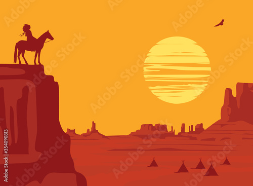 Vector Western landscape with wild American prairies and a silhouette of an Indian leader riding a horse on top of a cliff at the orange sunset. Decorative illustration, Wild West vintage background