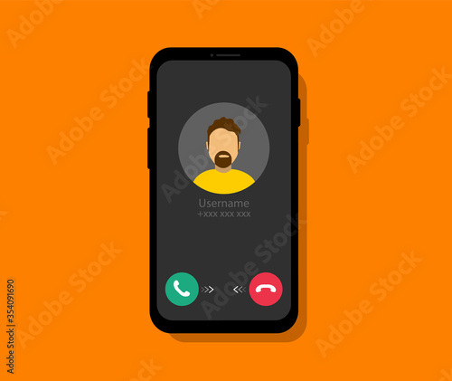 Incoming call on the phone. Smartphone screen with incoming call. Phone call interface. Flat style