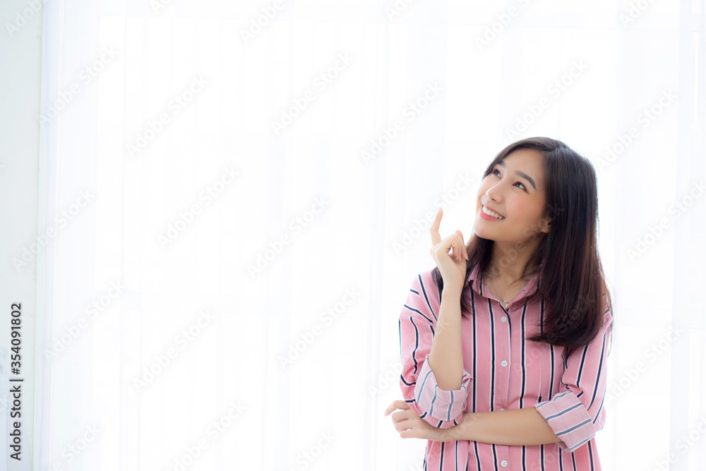 Portrait young asian woman think idea and inspiration in imagine with expressive, happy female teenage expression with presenting on curtain white background, creativity and dream, lifestyle concept. Portrait young asian woman think idea and inspiration in imagine with expressive, happy female teenage expression with presenting on curtain white background, creativity and dream, lifestyle concept.