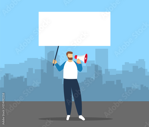 Man with a megaphone in hand with empty poster for text. Protest in town. Vector
