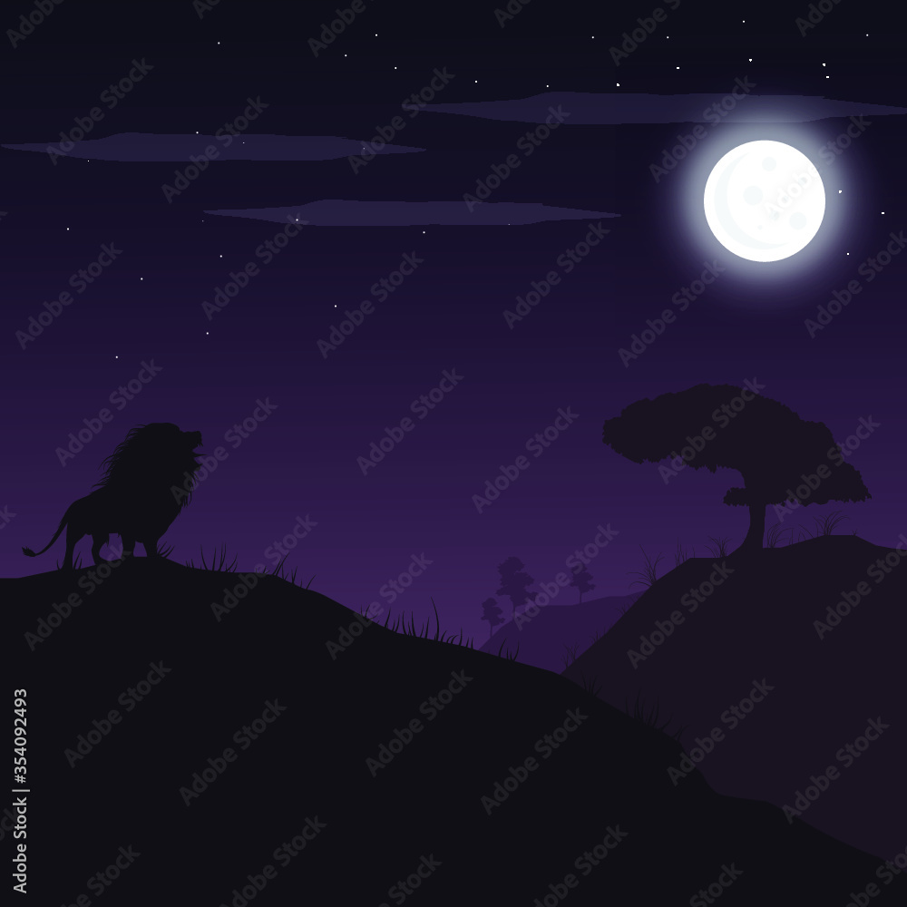 night landscape vector with moon and lion