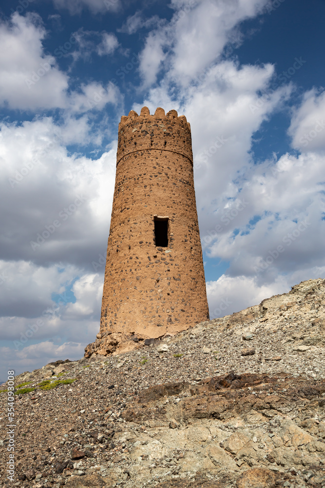 One of many old watchtowers on the hills surrounding Al Mudairib, Oman