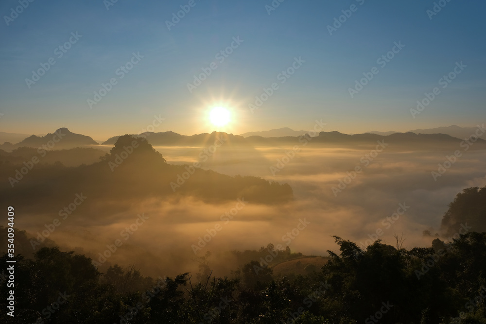 The sun and fog at Ban Ja Bo,Mea Hong Son province,Thailand.