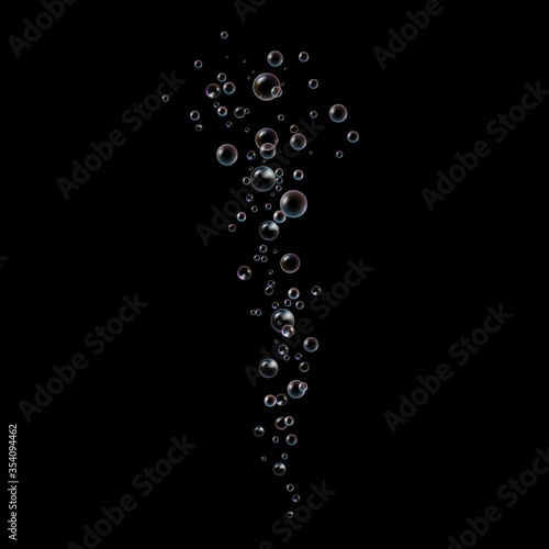 Soap transparent bubbles with rainbow reflection. Underwater fizzing realistic oxygen balls. Vector stock illustration.