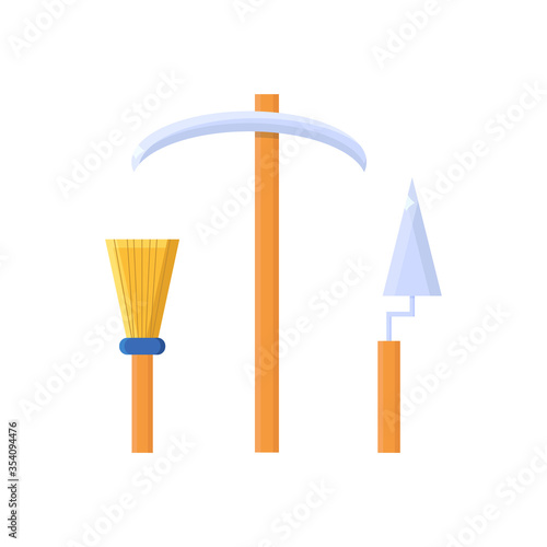 Vector illustration with pickaxe, trowel and tassel in a flat style for the work of archaeologists. Tools for archaeological excavations. Icons isolated on white.