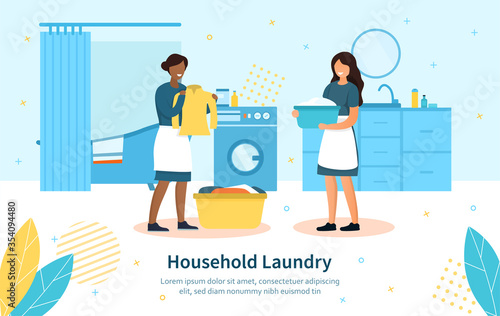 Two diverse house servants wearing aprons doing the household laundry sorting the clothing in the washroom, colored vector illustration