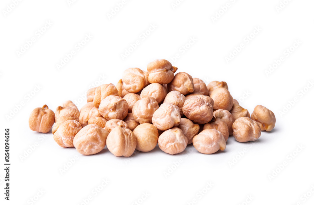 Heap of raw chickpea beans isolated on white background. Healthy vegetarian food concept. Pile of uncooked chickpeas Heap of raw chickpea beans isolated on white background. Healthy vegetarian food concept. Pile of uncooked chickpeas