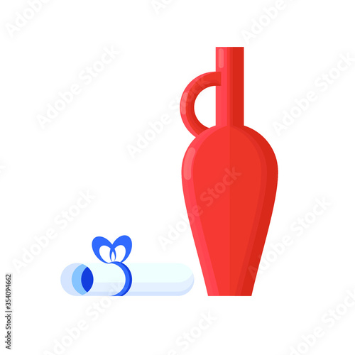 Vector illustration of a vintage jug and an ancient scroll in a flat style. Roll paper and vessel for oil or wine. Ancient finds and artefacts of archaeology