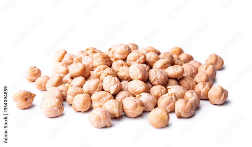 Heap of raw chickpea beans isolated on white background. Healthy vegetarian food concept. Pile of uncooked chickpeas Heap of raw chickpea beans isolated on white background. Healthy vegetarian food concept. Pile of uncooked chickpeas