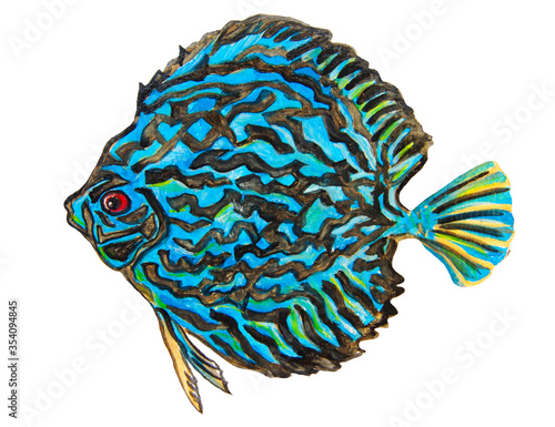 Motley blue fish painted in watercolor on a white background.